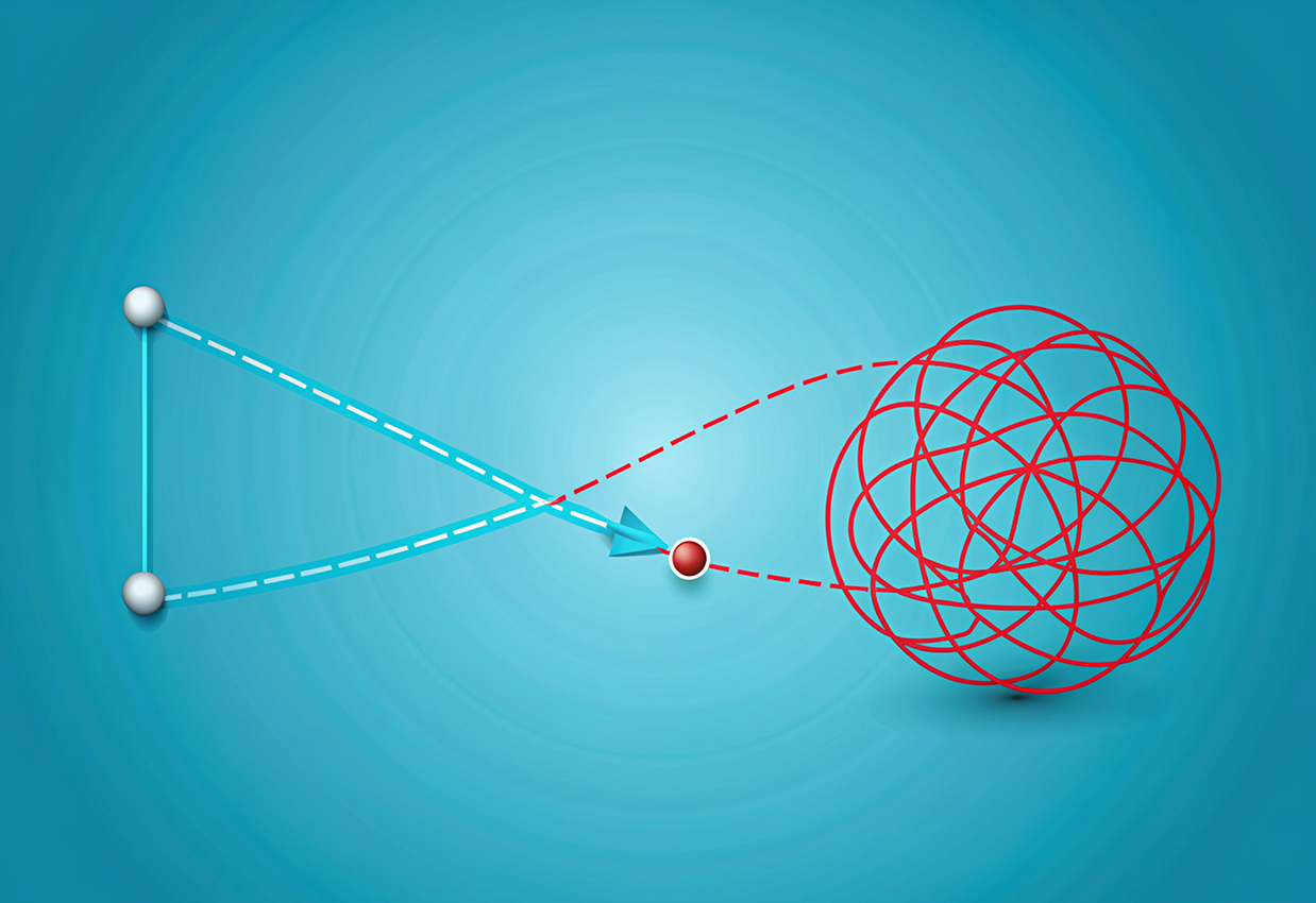 3D Chaos and easy simple way from point A to B. Concept of bad o